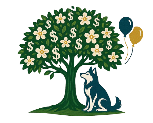 Tree with dollar-sign flowers and a seated dog, with teal and gold balloons nearby
