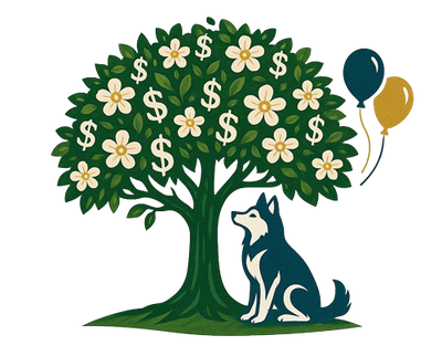 Tree with dollar-sign flowers and a seated dog, with teal and gold balloons nearby
