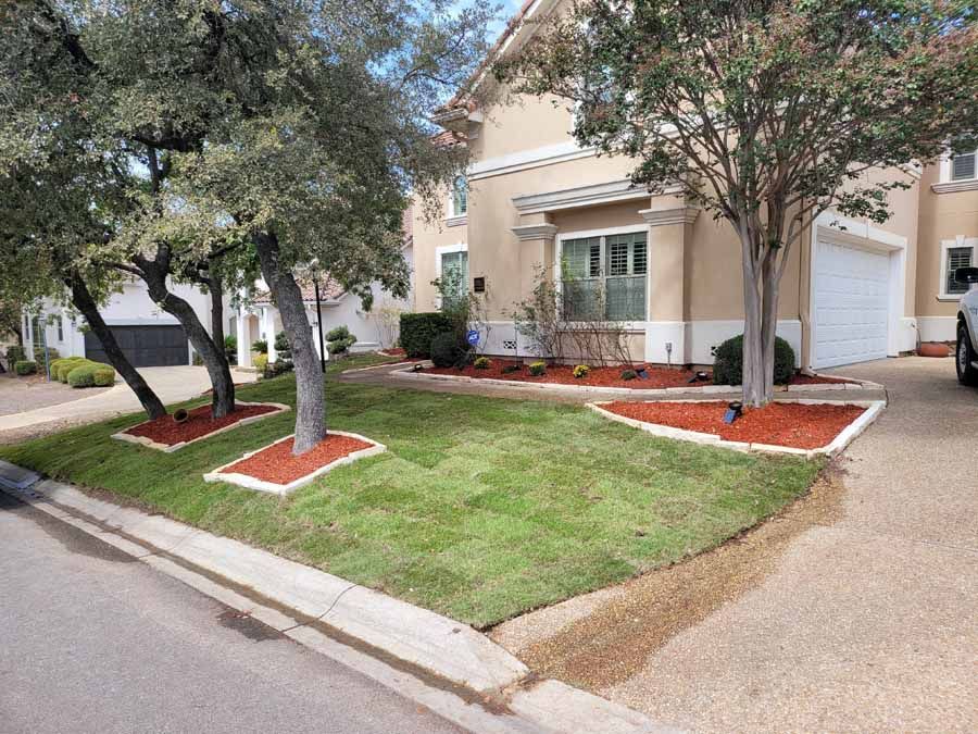 Suburban house with a trimmed lawn, red mulch beds, and trees along the sidewalk