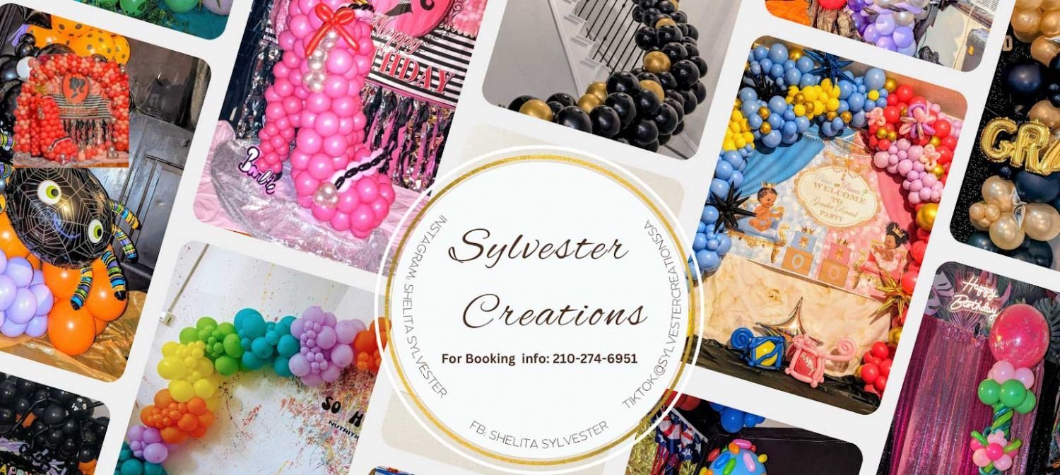 Collage of colorful resin art and craft pieces with a “Sylvester Creations” logo in the center