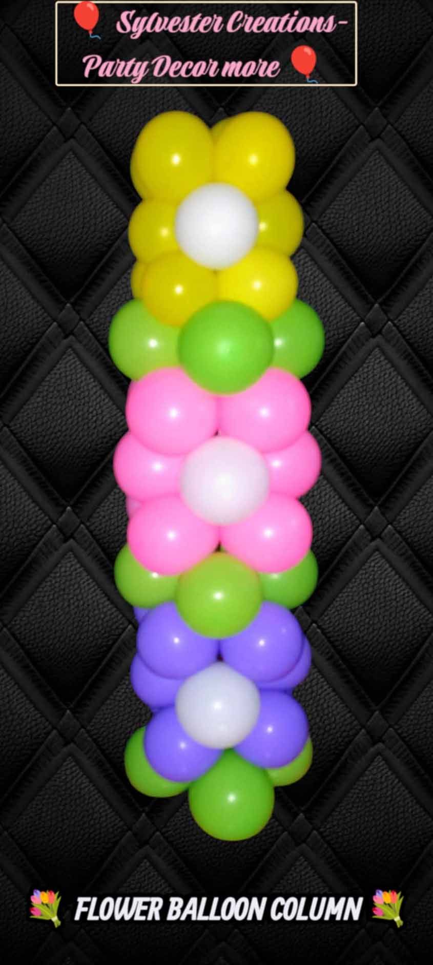 Multicolored flower balloon column with pink, yellow, green, and purple balloons on a black background