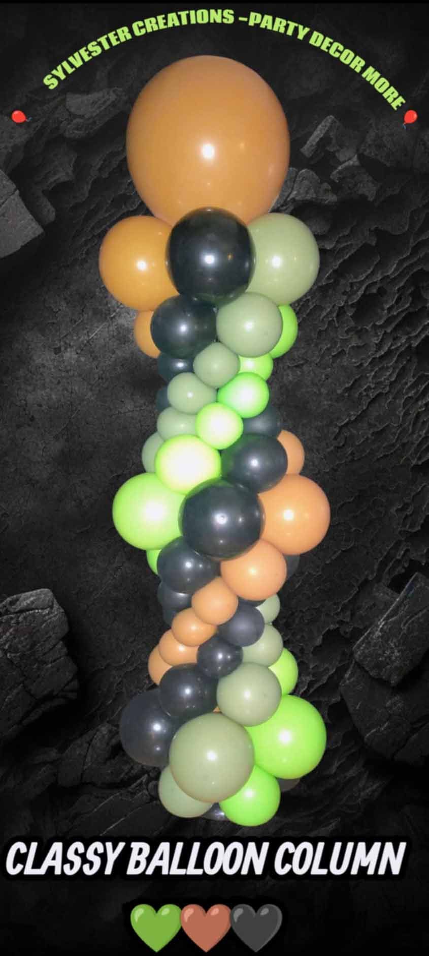 Elegant balloon column with black, silver, green, and peach balloons on a dark textured background