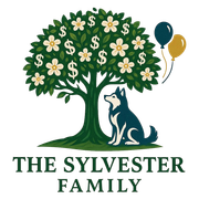 Sylvester Family logo with tree, flowers, and dog under teal and gold balloons