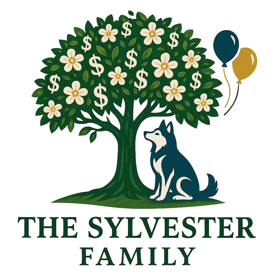 Sylvester Family logo with tree, flowers, and dog under teal and gold balloons