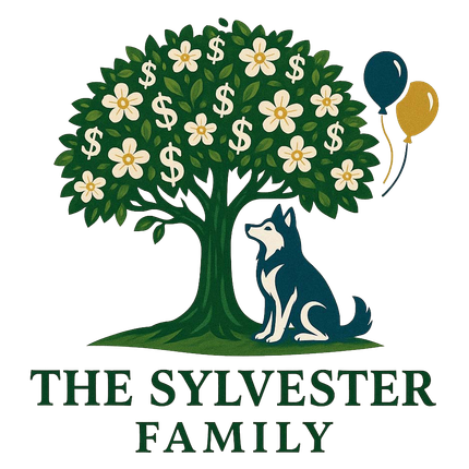 The Sylvester Family logo with tree, flowers, dog, and balloons