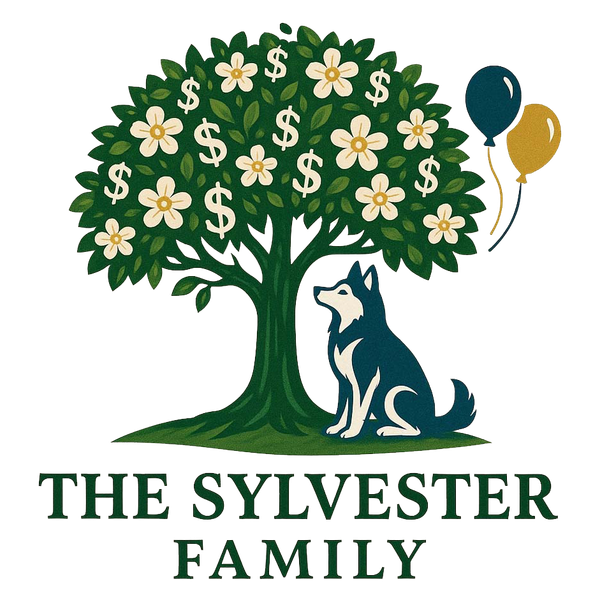 Sylvester Family logo with tree, flowers, and dog under teal and gold balloons