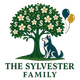 Sylvester Family logo with tree, flowers, and dog under teal and gold balloons