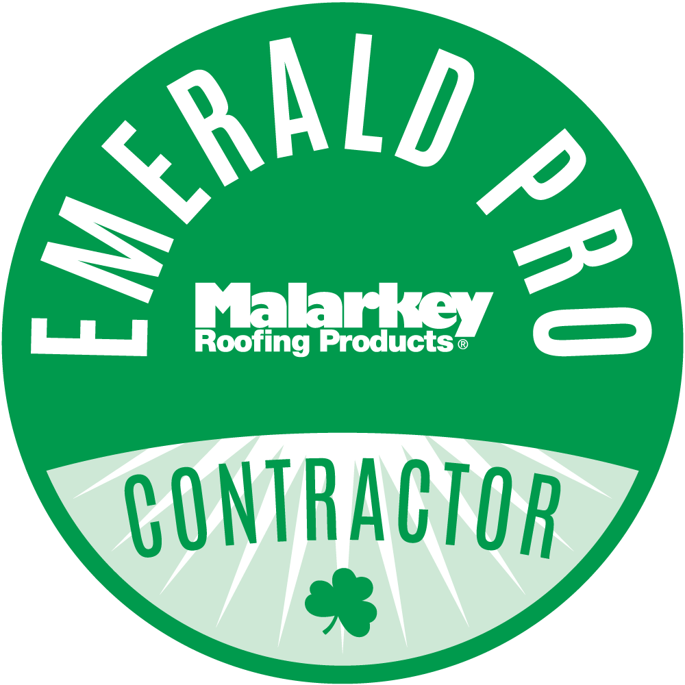 Emerald Pro Contractor logo: Green circle with white text, Malarkey Roofing logo, and a shamrock.