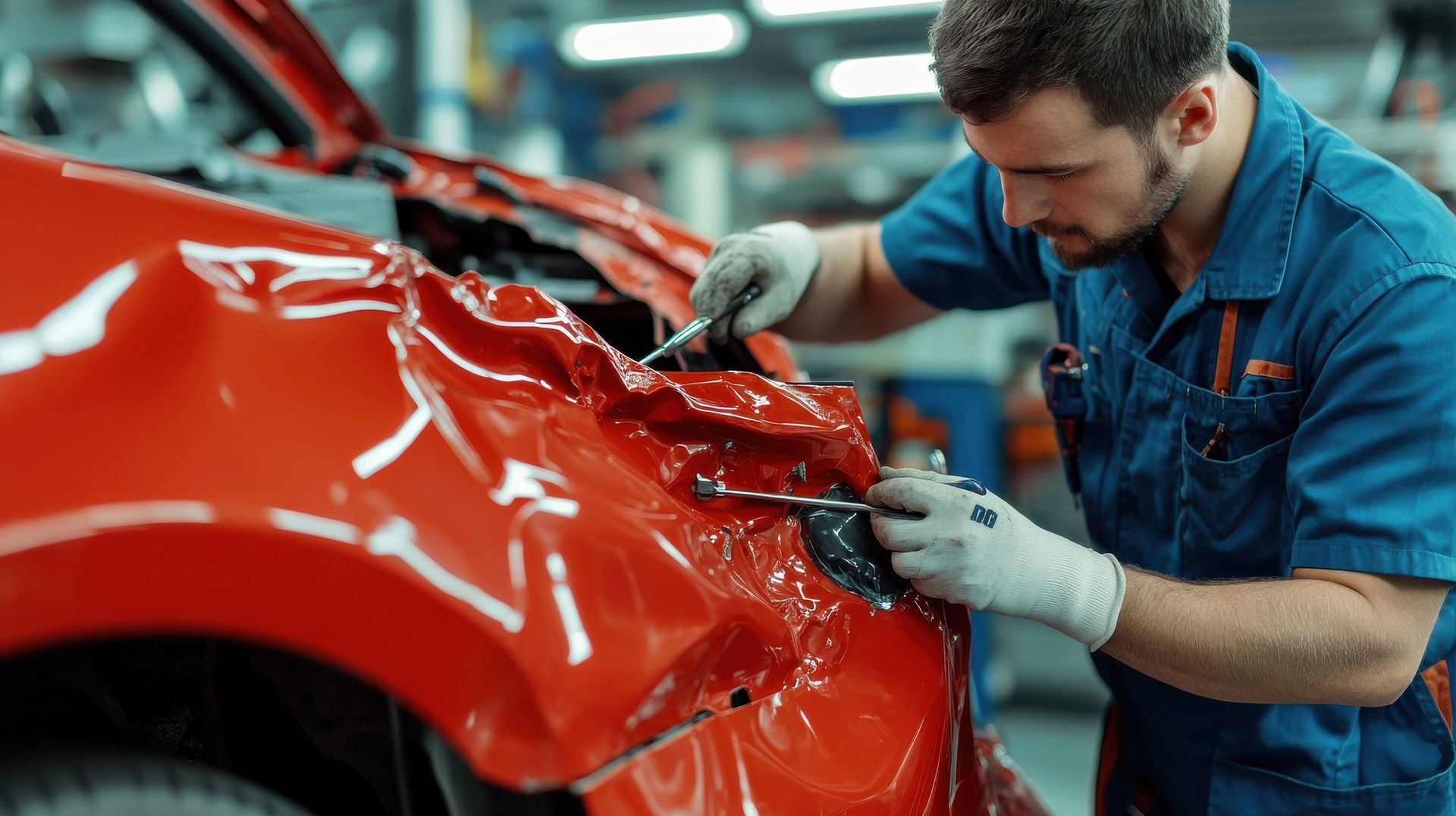 Technician repairing a damaged red car inside a professional body shop workspace.