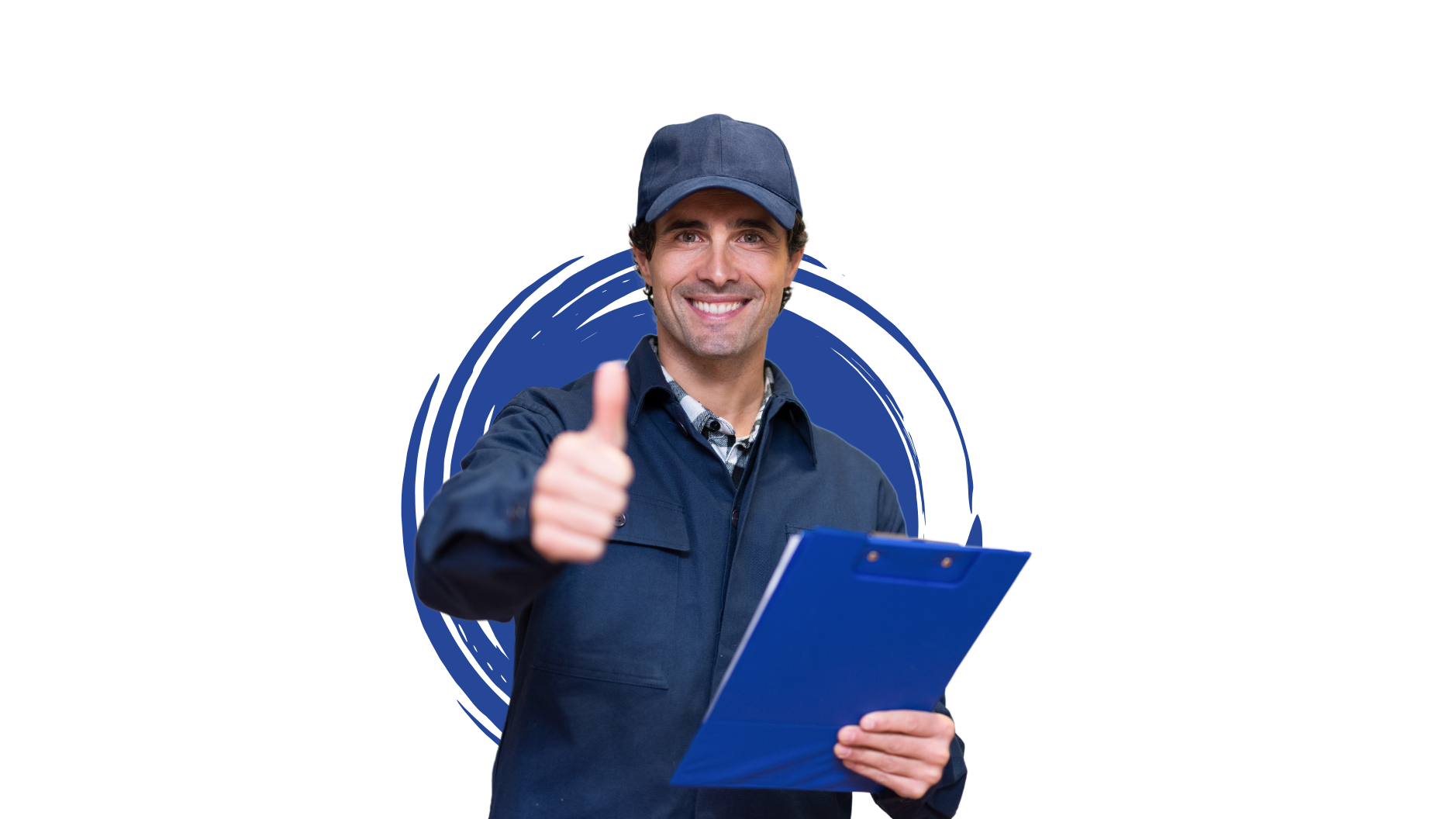 A man is holding a clipboard and giving a thumbs up.