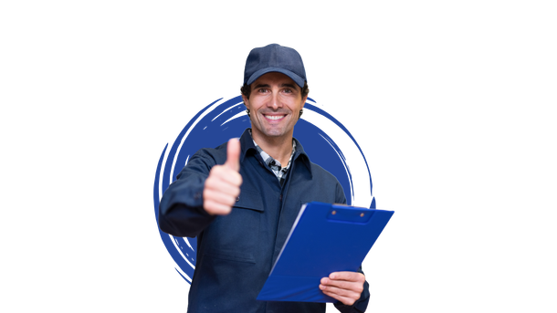 A man is holding a clipboard and giving a thumbs up.