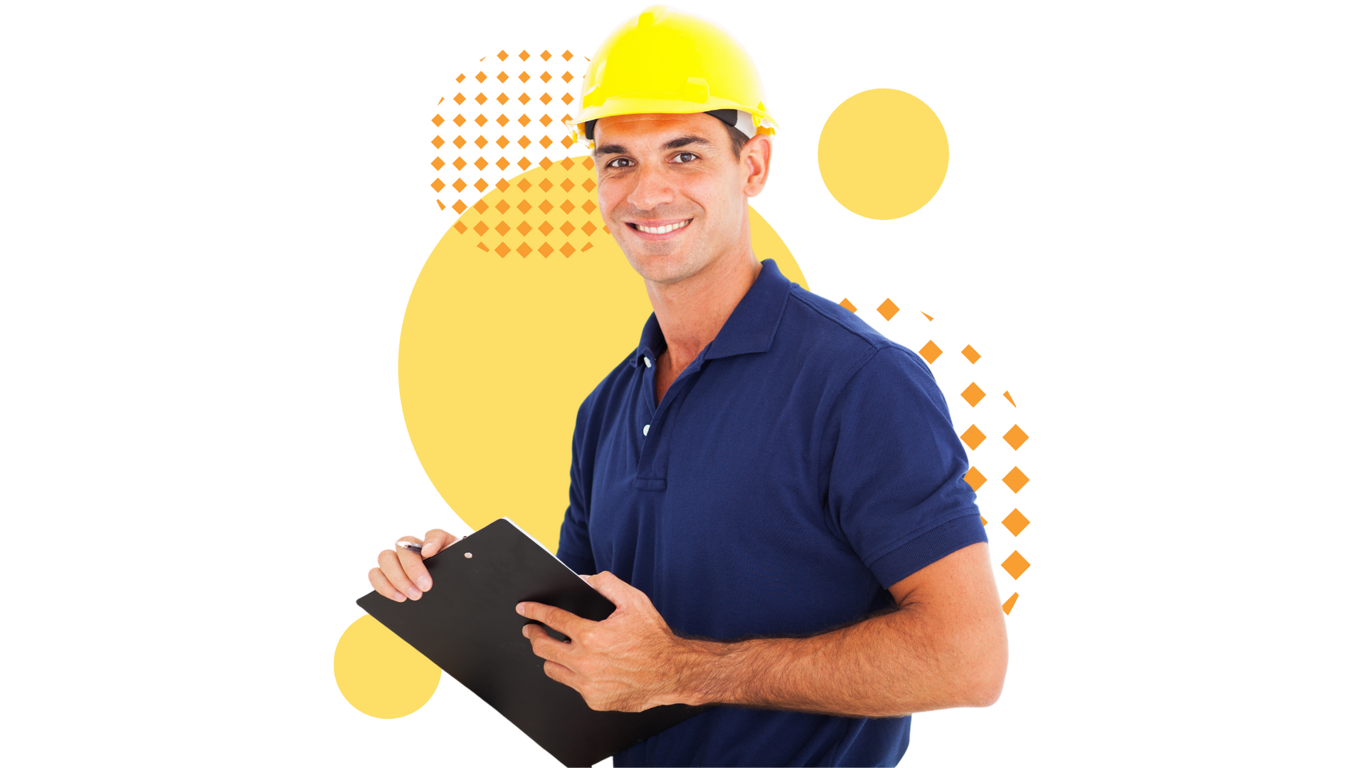 A man wearing a hard hat is holding a clipboard.