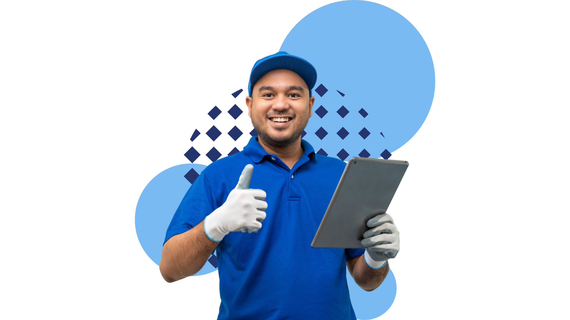 A delivery man is holding a tablet and giving a thumbs up.