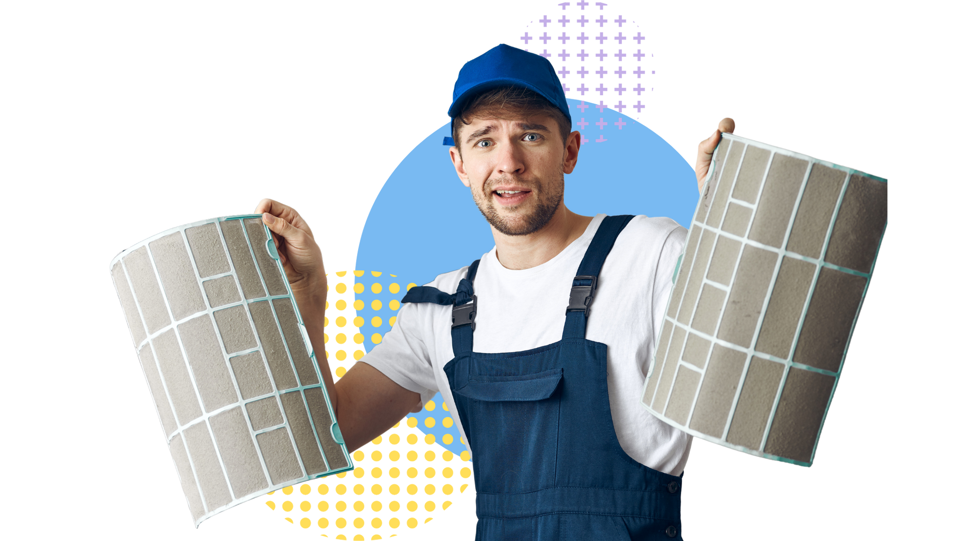 A man in overalls is holding two filters in his hands.