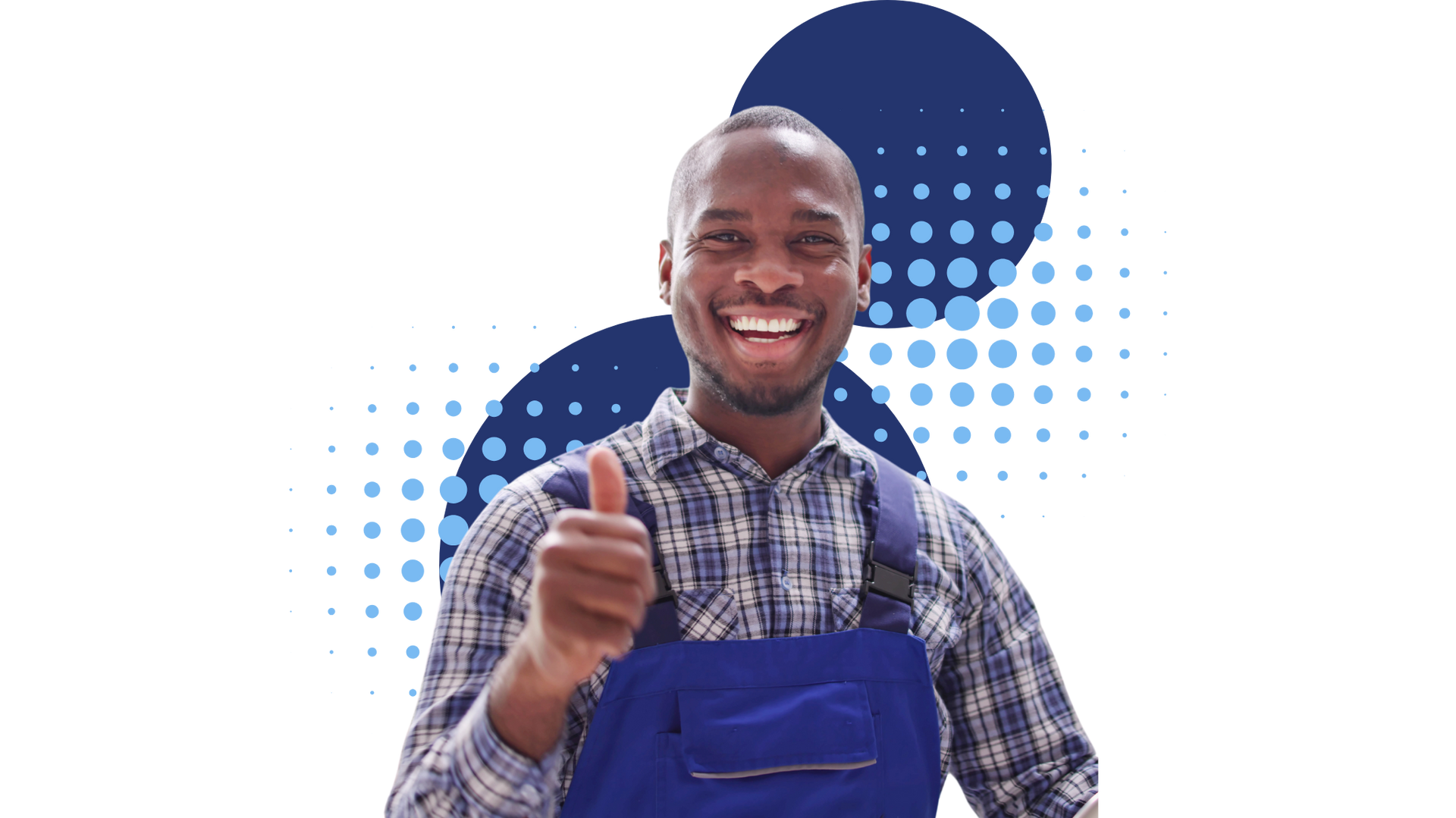A man in blue overalls is giving a thumbs up.