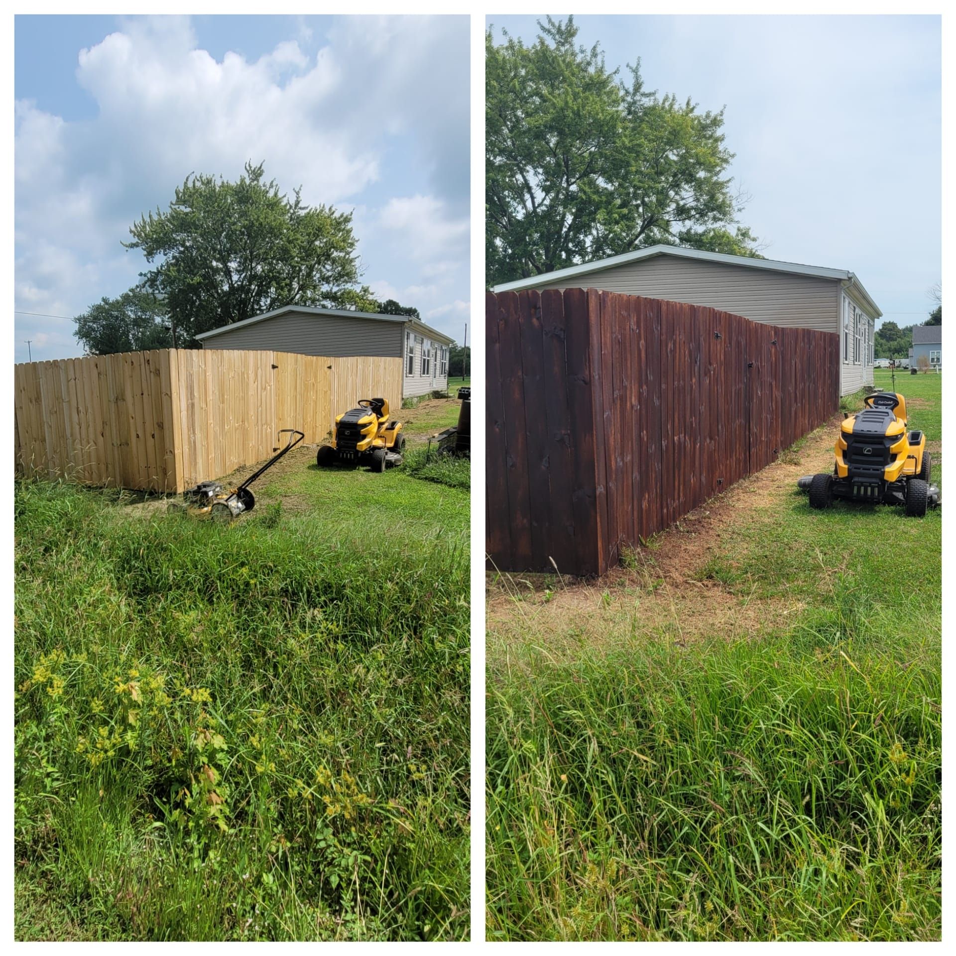 Before and after of a wooden fence, stained dark brown. A lawnmower sits nearby in a grassy yard.