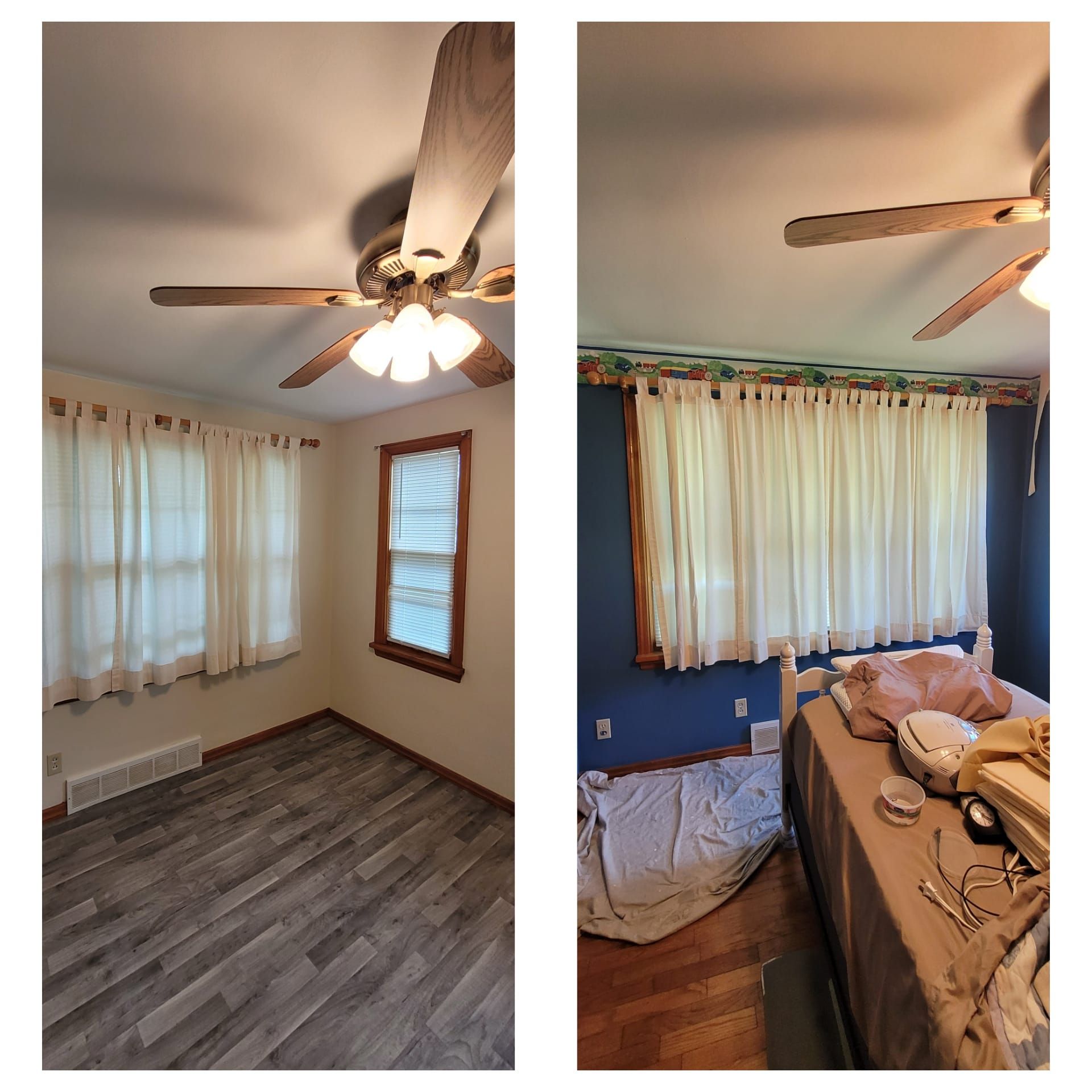 Two photos of a bedroom