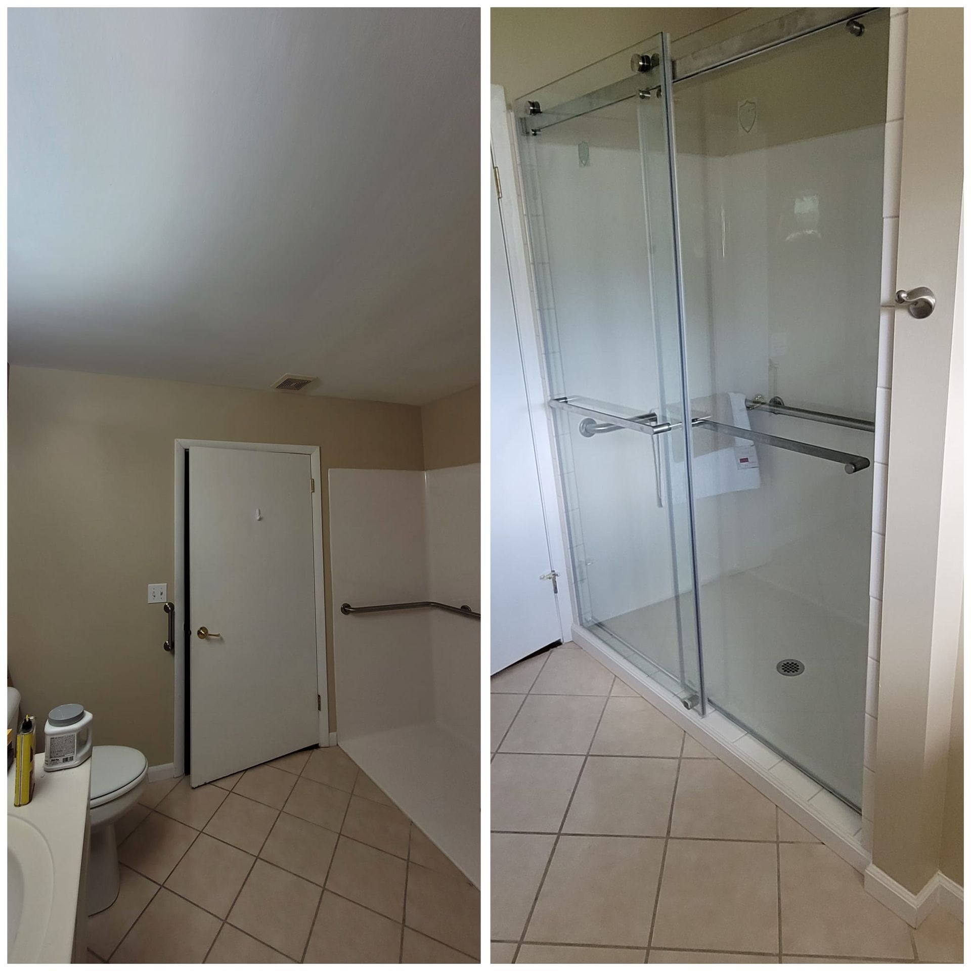 Bathroom interior: beige walls, white door, toilet, tiled floor, glass shower with grab bars.