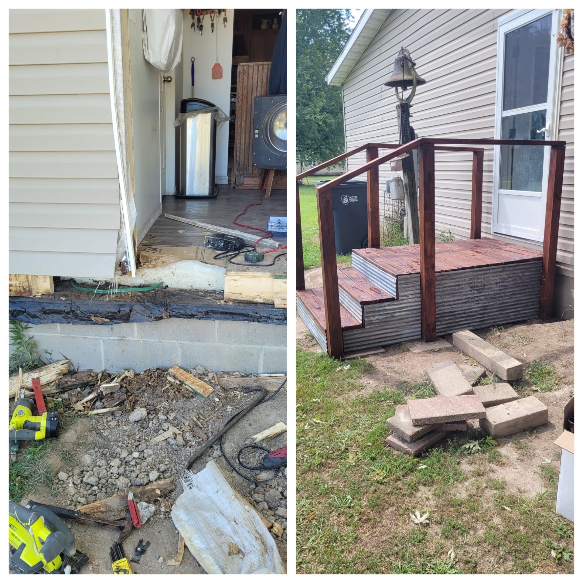 Construction: Damaged doorway and ramp being rebuilt, steps leading to a door with a handrail.