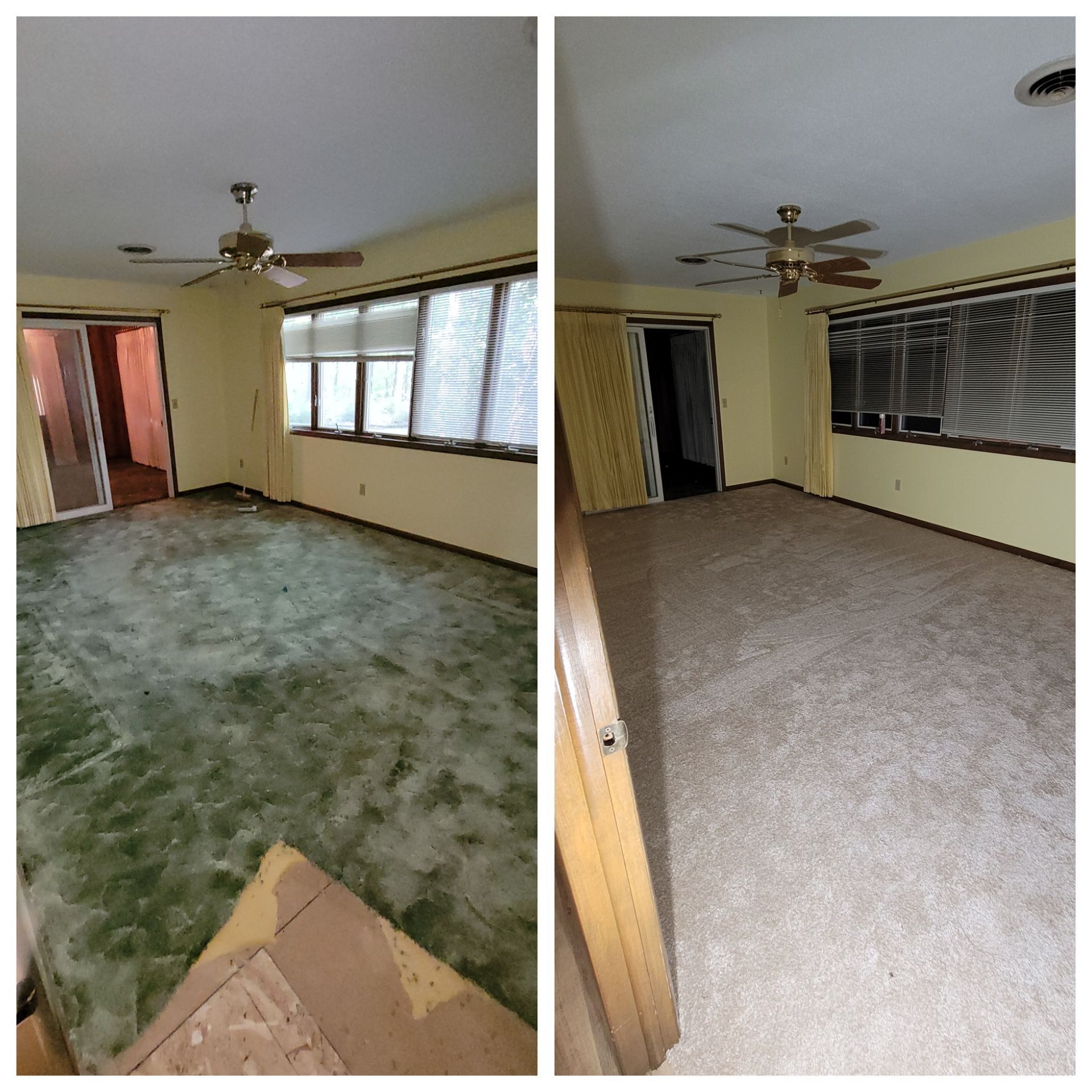 Before-and-after of a room with green and then beige carpet, yellow walls, a ceiling fan, and sliding glass doors.