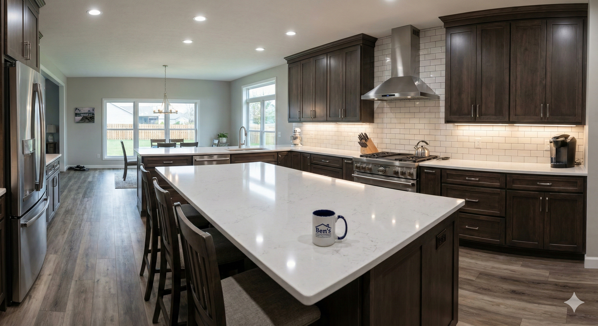 Spacious kitchen with dark wood cabinets, large island with seating, stainless steel appliances, and white countertops.