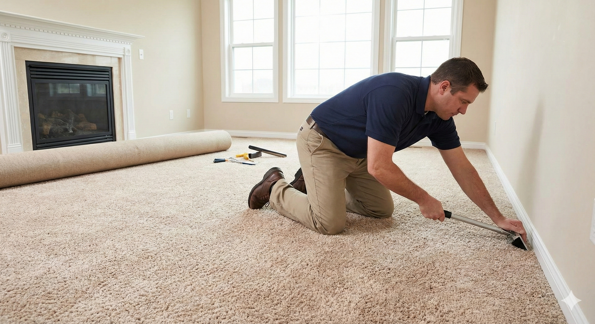 Man installs carpet, kneeling by wall, using a tool. Light carpet, tan pants, blue shirt, window in background.