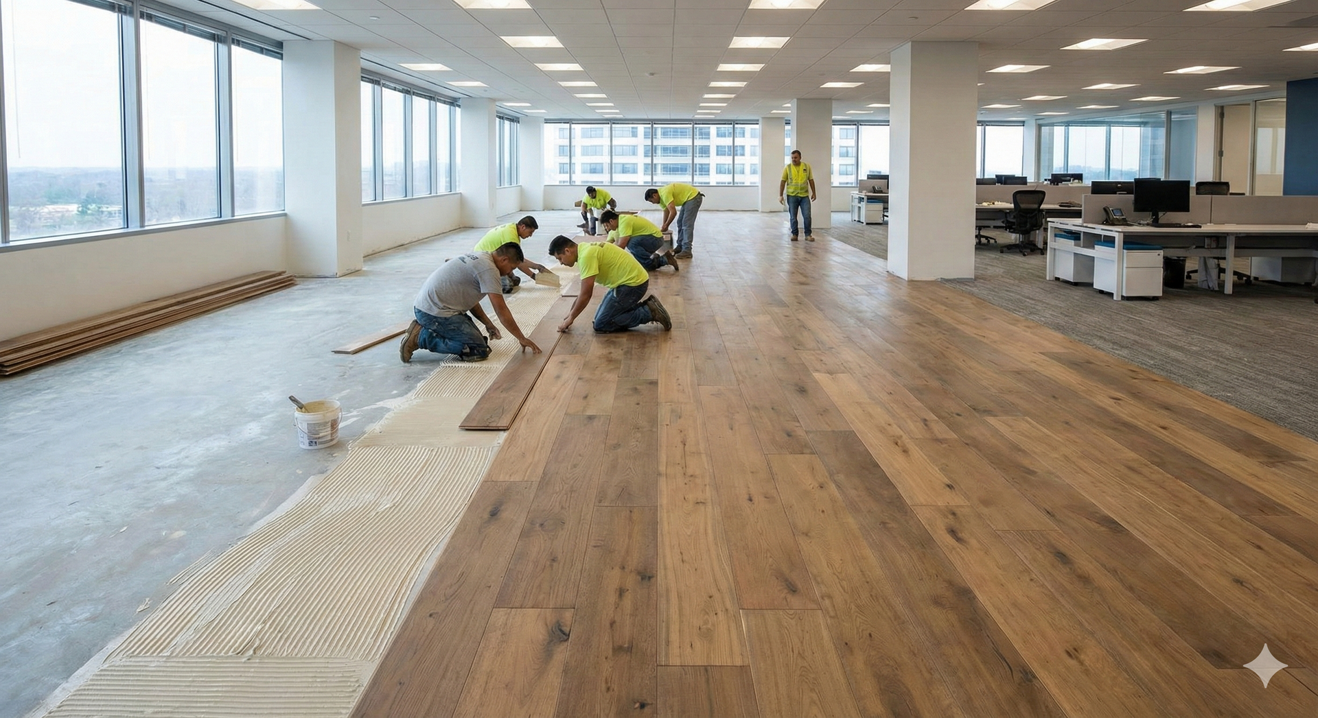 Workers installing hardwood flooring in a large, bright office with a city view.