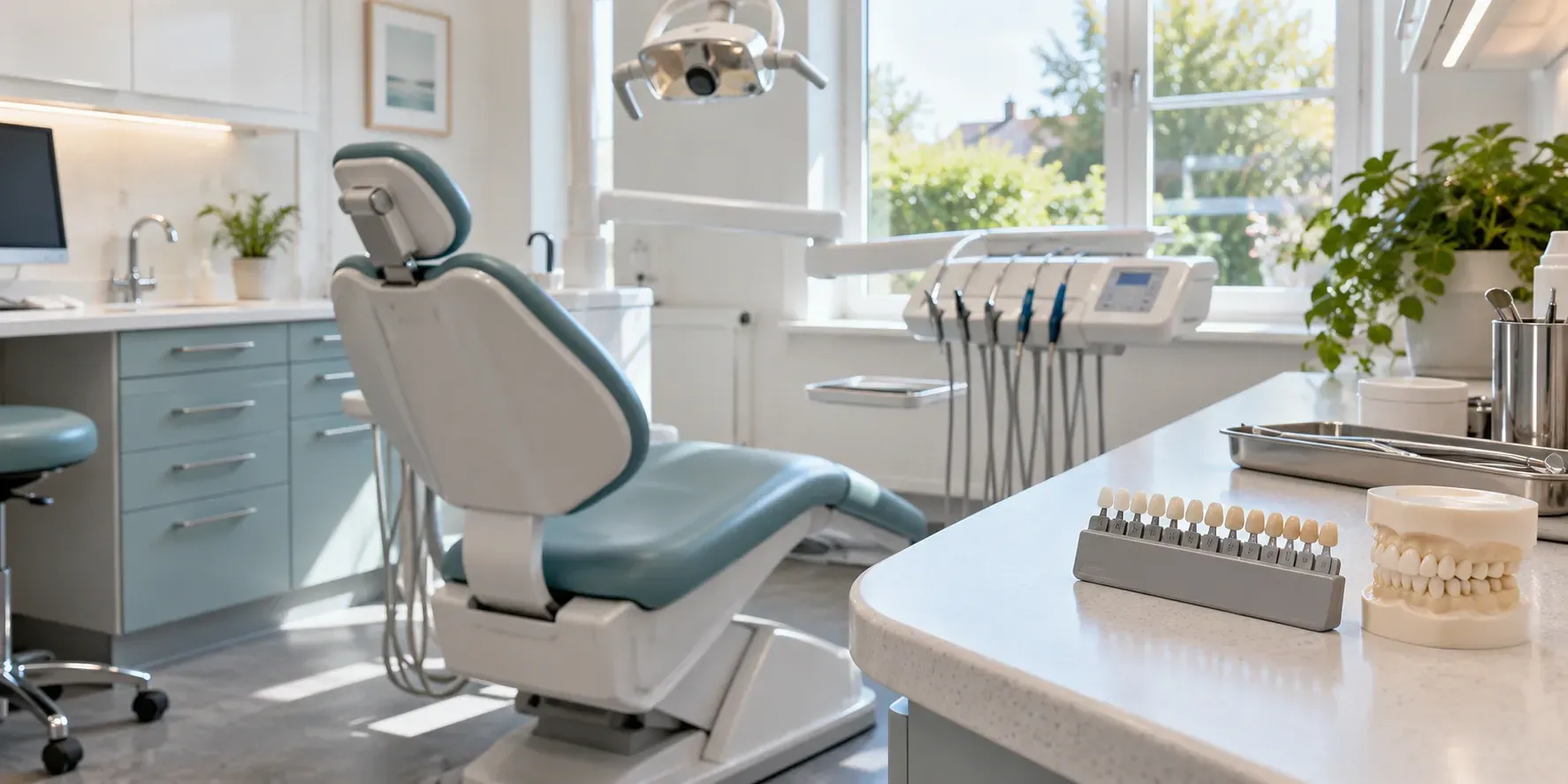 Illustrative unoccupied dental treatment room with a chair, tooth shade guide and dental model