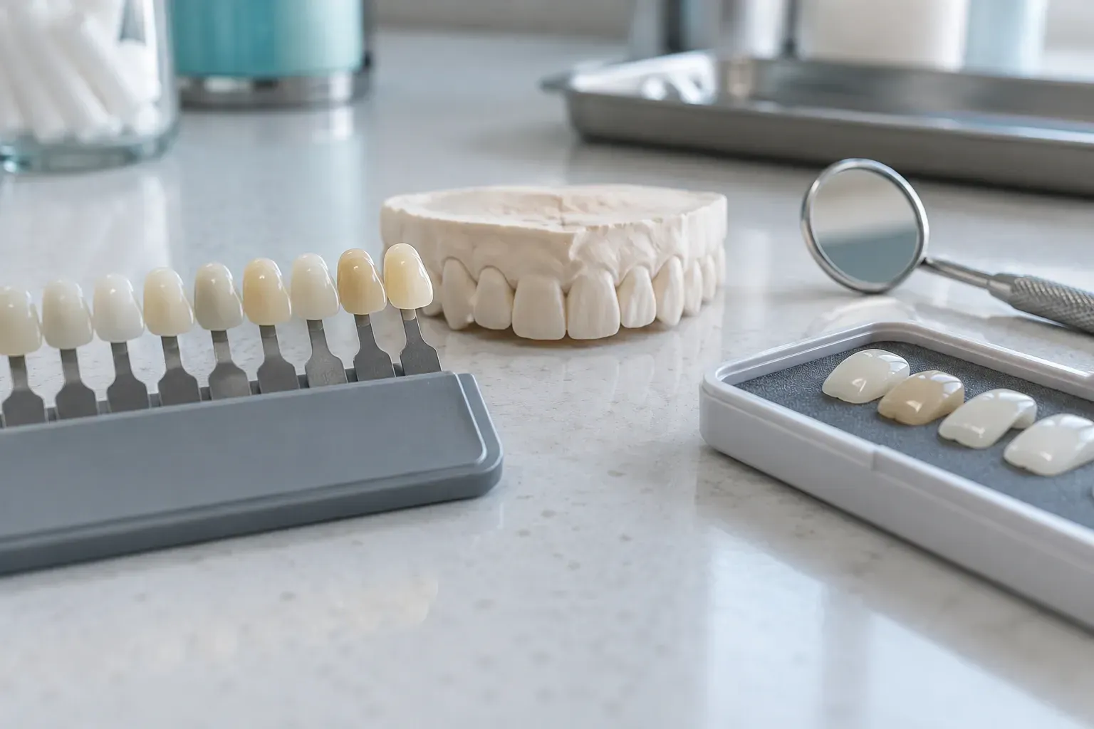 Illustrative tooth shade guide, upper-teeth model and dental mirror on a clean worktop