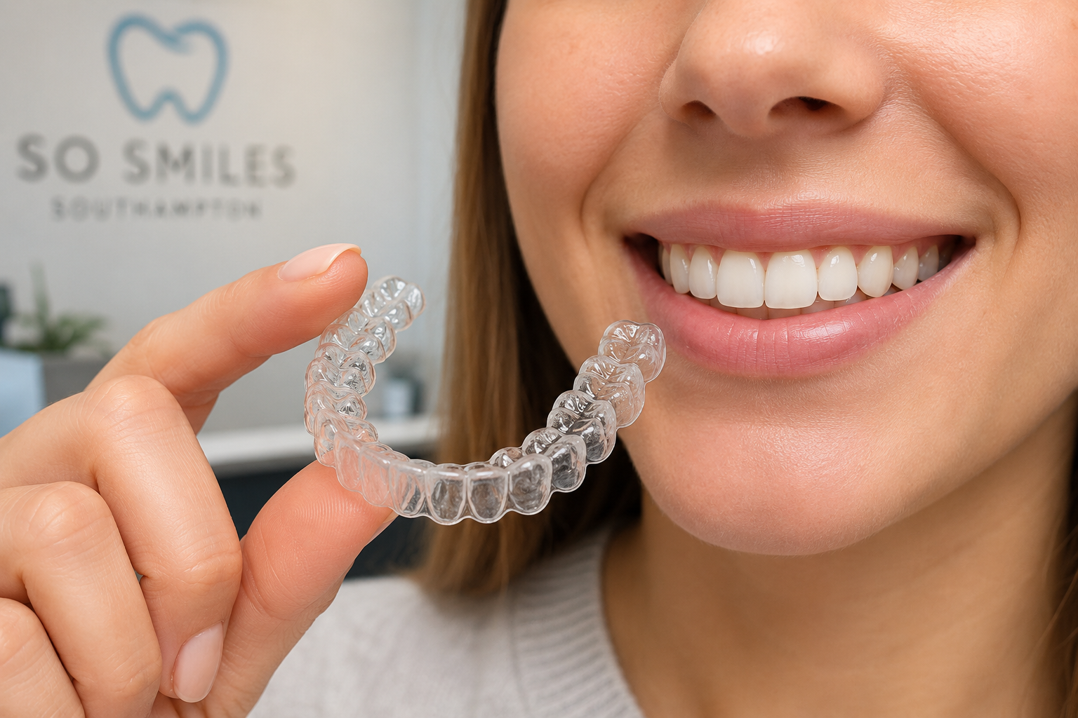 Close-up of clear aligner tray held next to a patient's smile at a dental practice near Southampton