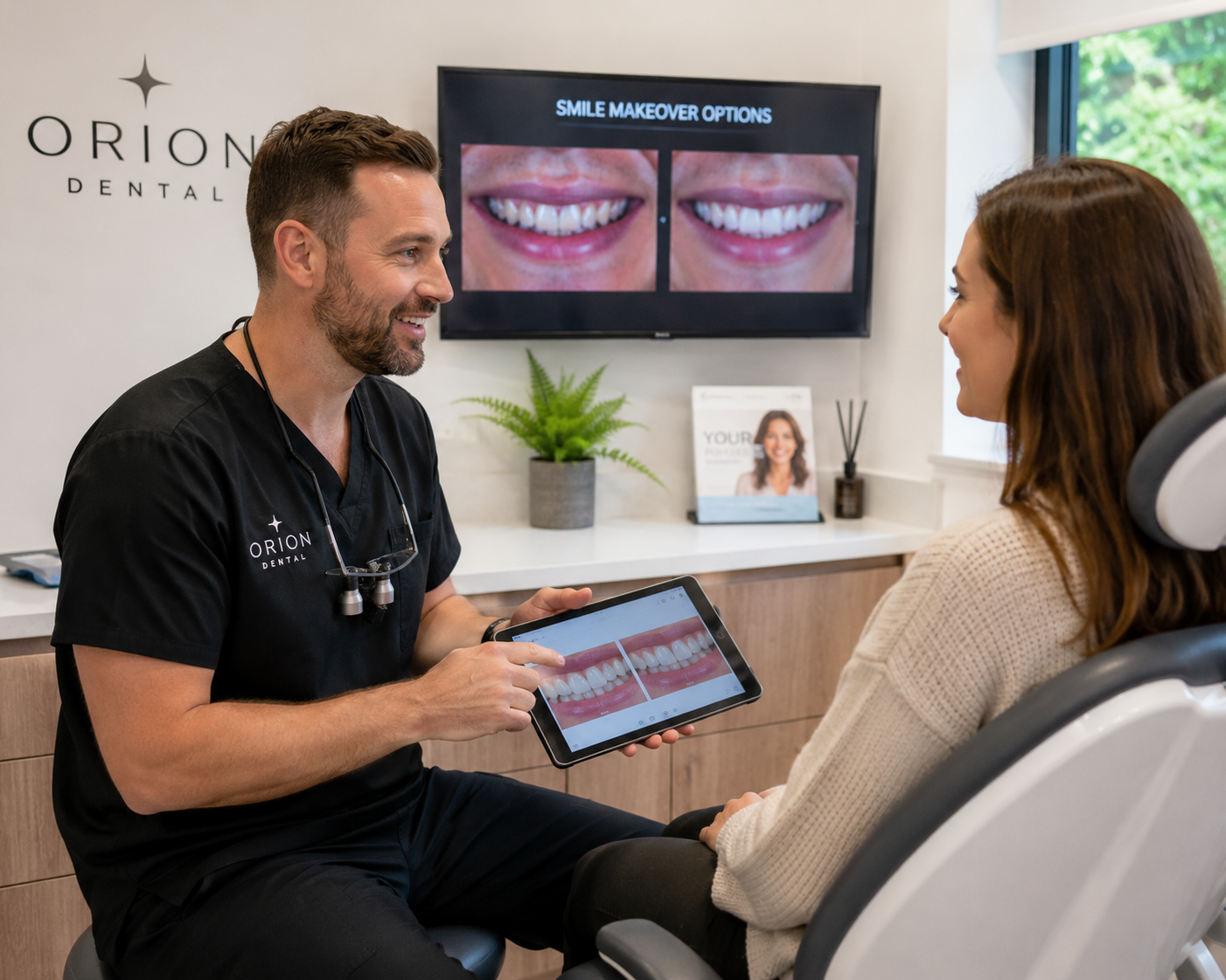 Dentist discussing smile makeover options with a patient at Orion Dental near Southampton Hampshire

