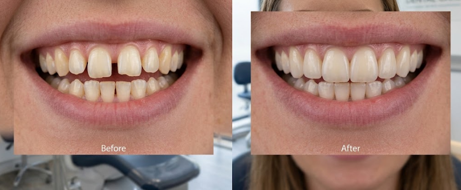 Before and after composite bonding closing front tooth gaps at a dentist near Southampton