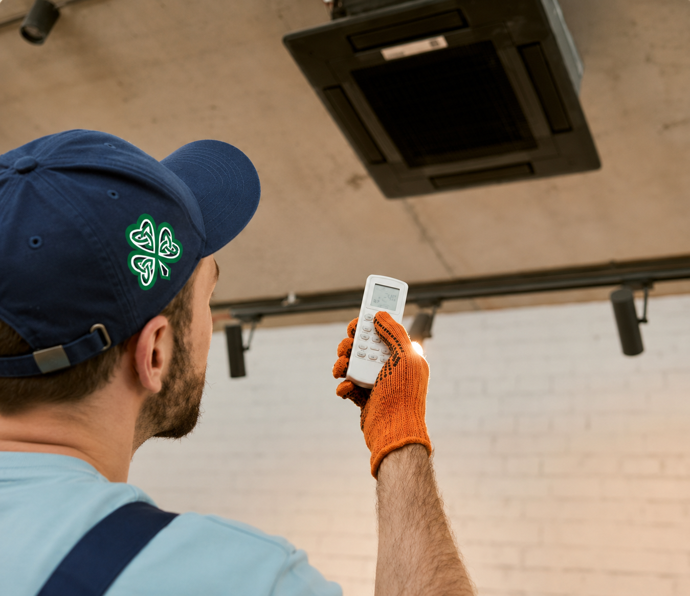 Technician in blue cap and orange glove points a remote at an HVAC unit on a ceiling