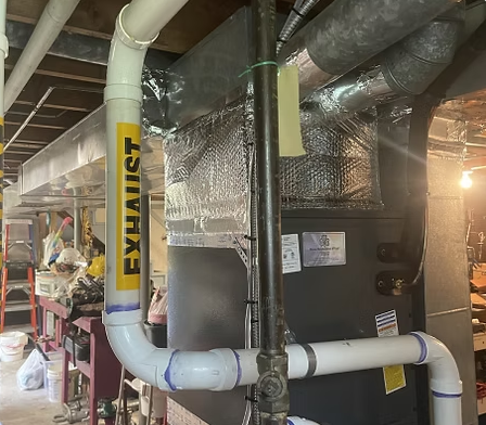 Basement HVAC furnace with silver ductwork and yellow Flexhaust vent pipe under exposed ceiling joists