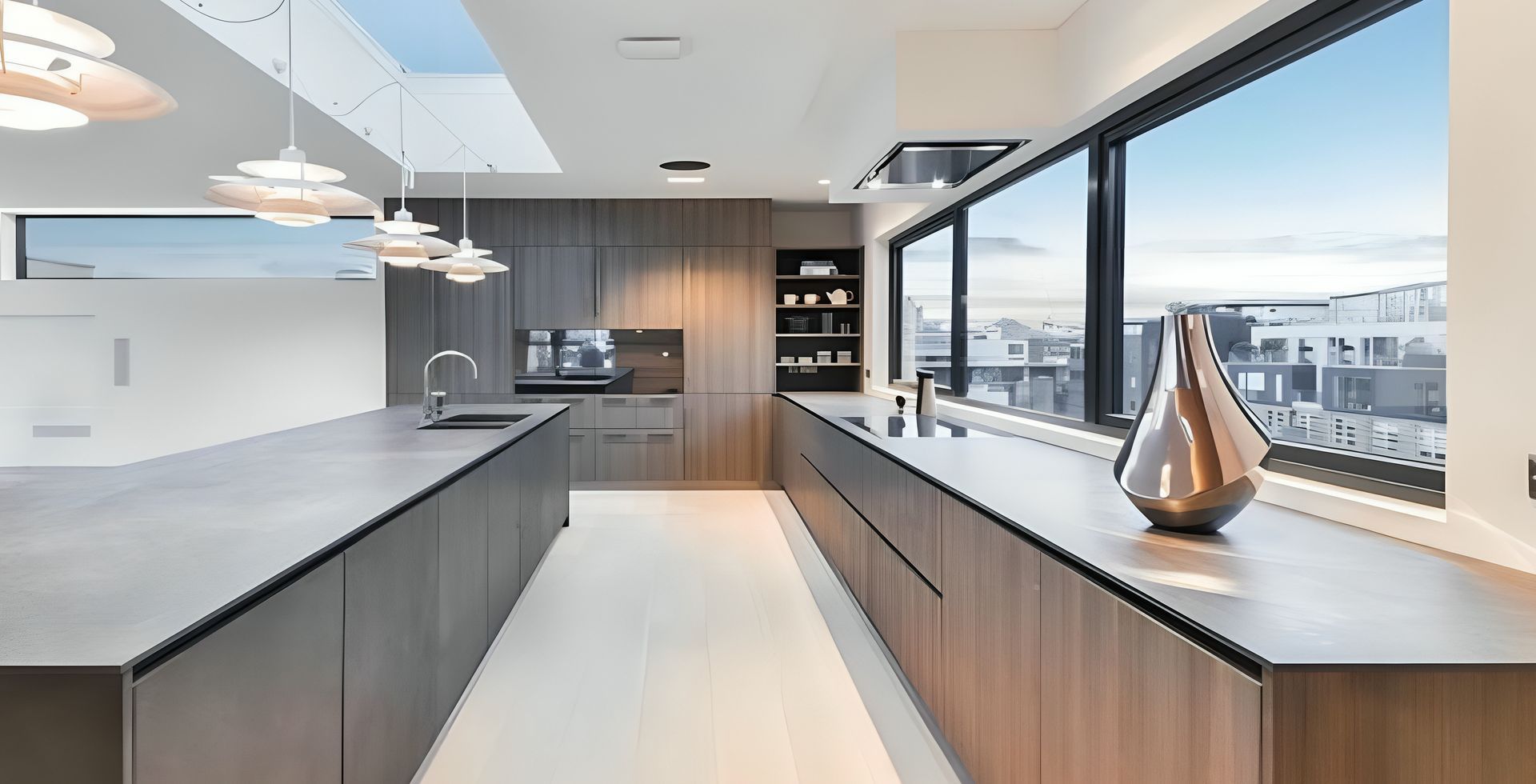 Modern kitchen with long island and cabinets, large windows offering city view.