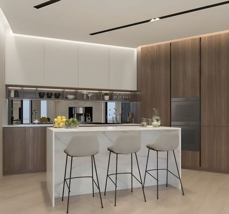 Modern kitchen with white island, three bar stools, and wood cabinetry.