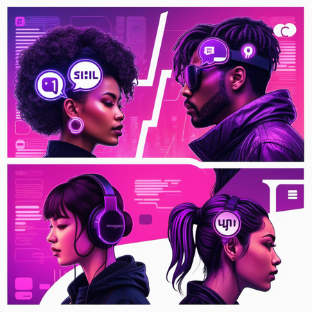 A man and a woman are wearing headphones and sunglasses symbolizing social media.