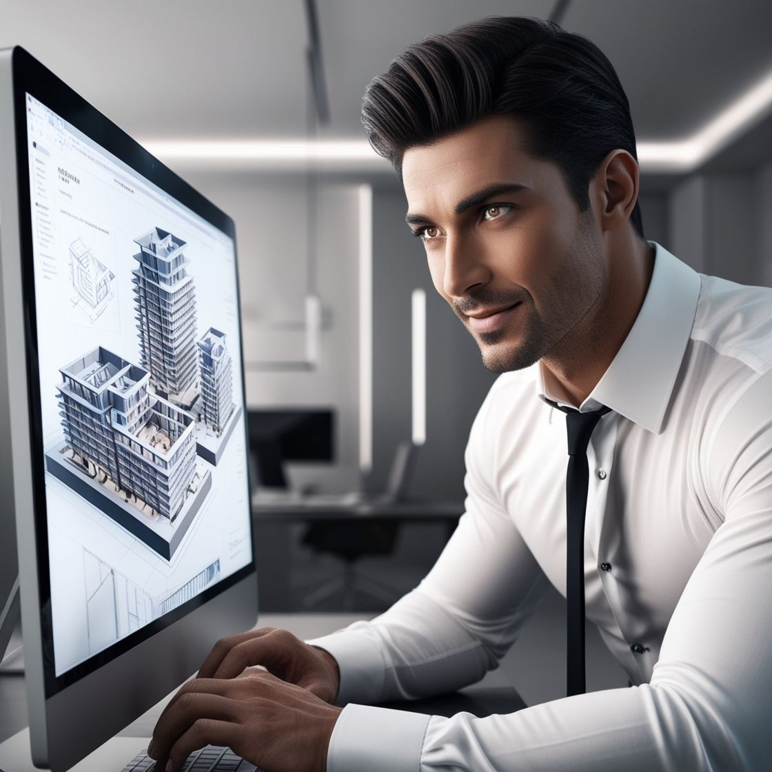 A man in a white shirt and tie is working on a computer