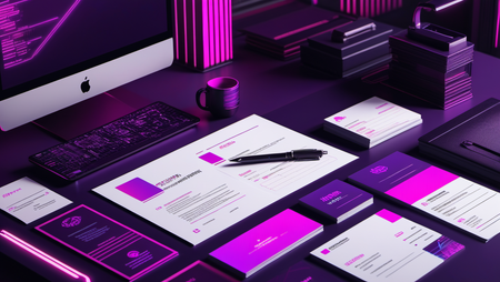 A desk with a computer , business cards , flyers and a pen on it.