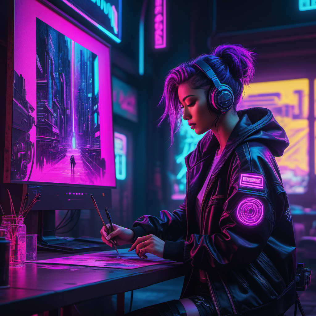 A woman wearing headphones is sitting at a desk in front of a computer monitor.