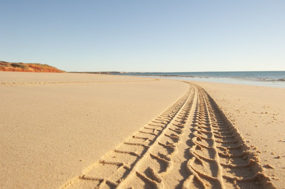 A Tire Track On A Sandy Beach Leading To The Ocean — Rainbow Beach Auto Electrics In Rainbow Beach, QLD