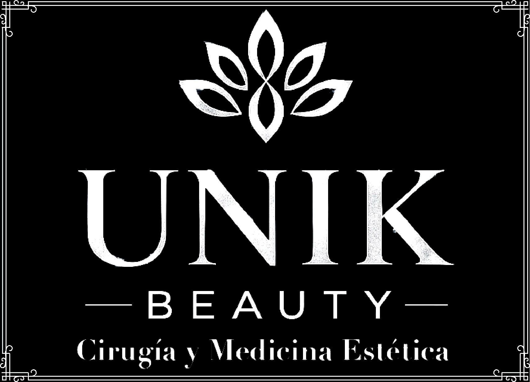 Logotipo de UNIK BEAUTY, consultorio médico. Texto blanco sobre fondo negro con un diseño floral y borde decorativo.