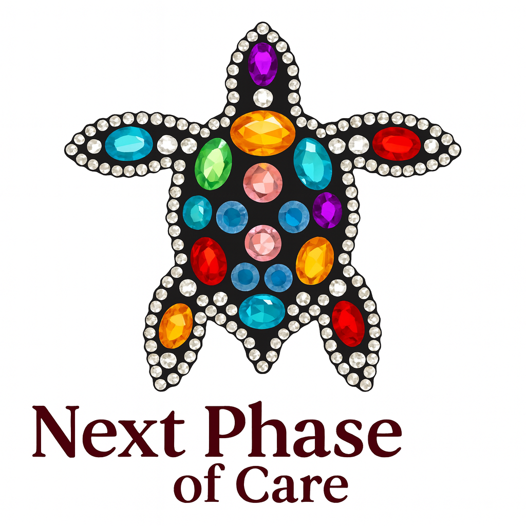 Jeweled turtle with various colored gems, "Next Phase of Care" text below.
