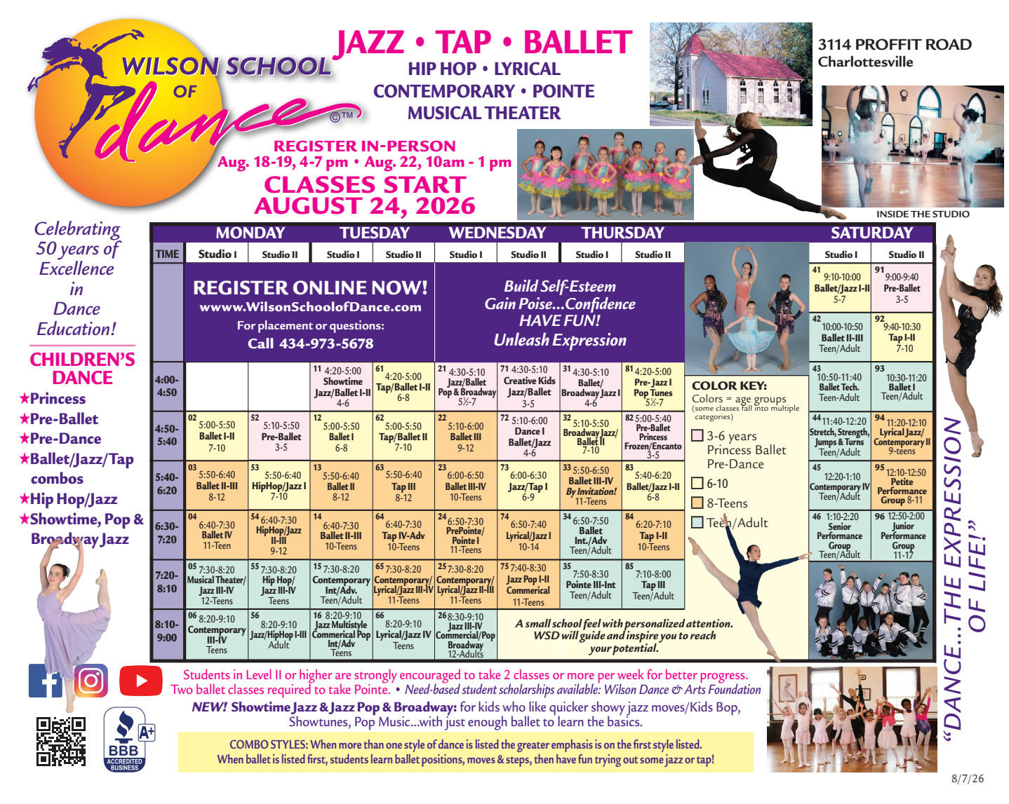 a poster for the wilson school of dance shows a calendar for summer dance camps .