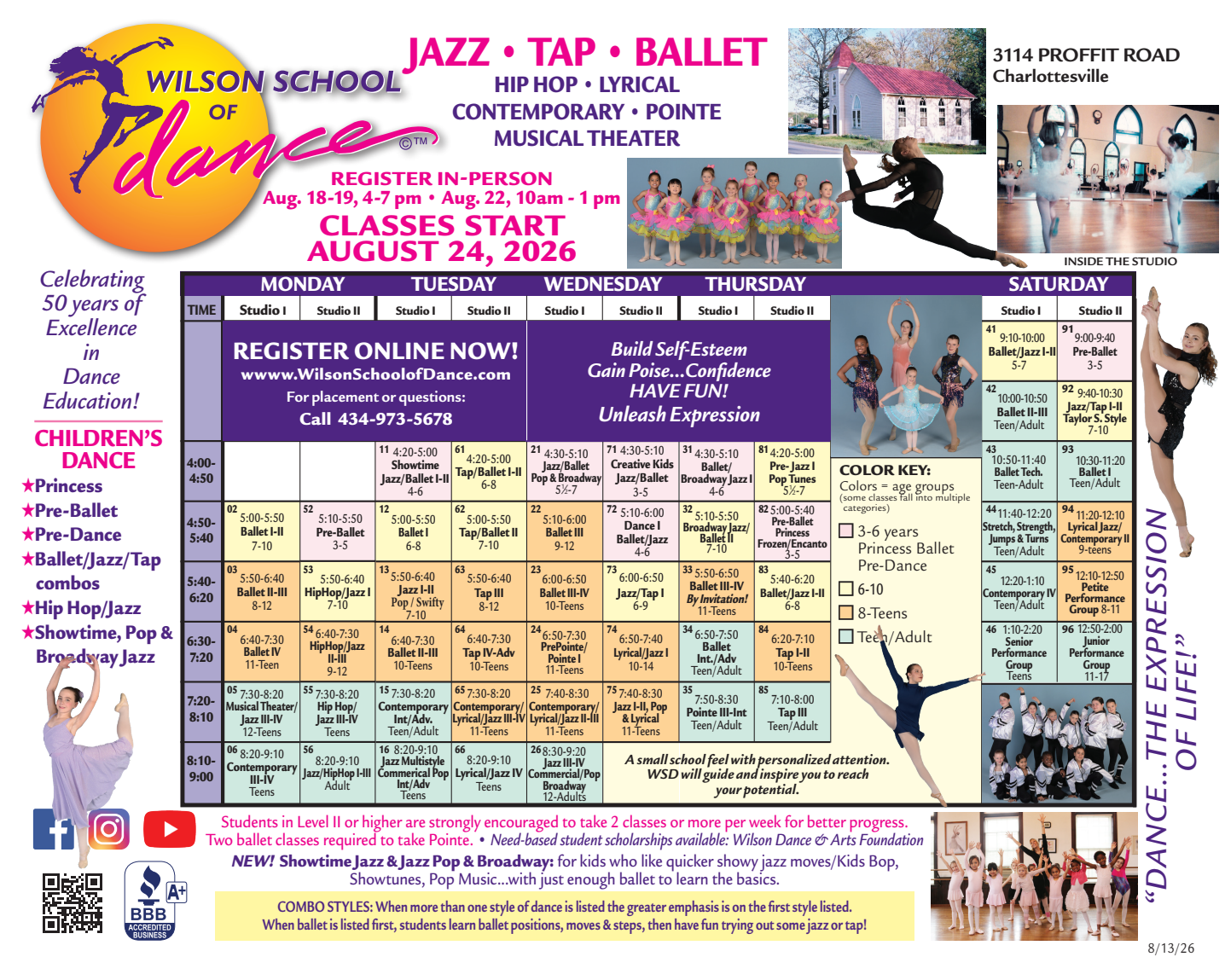 a poster for the wilson school of dance shows a calendar for summer dance camps .