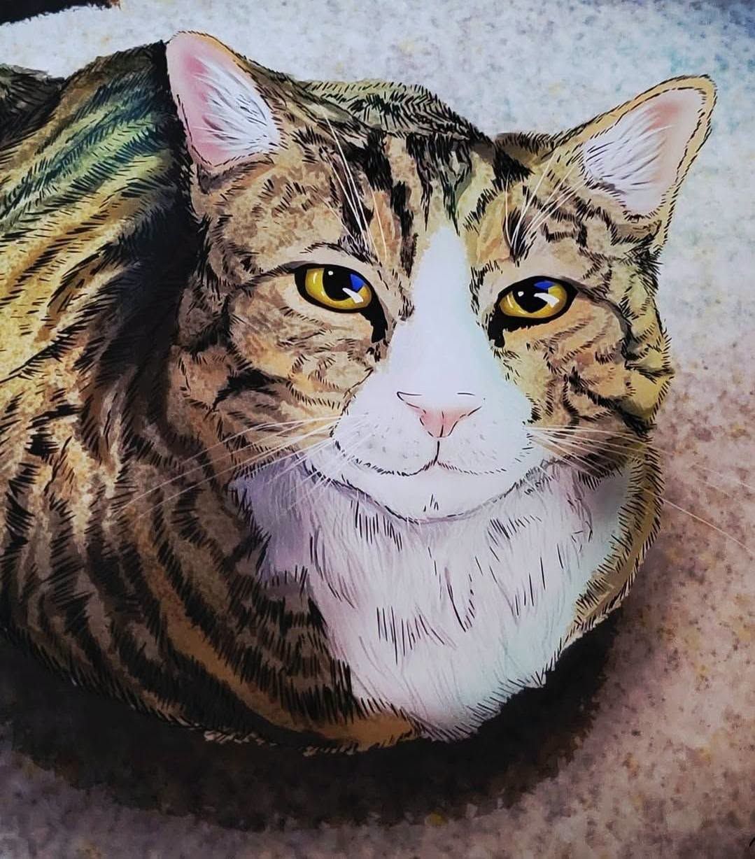 Tabby cat portrait with yellow eyes and white chest on a textured background