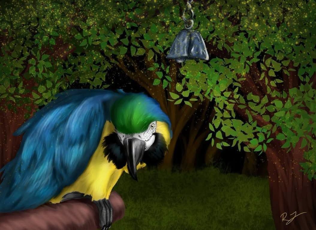 Blue-and-yellow macaw perched in a leafy forest, with a hanging lantern above.