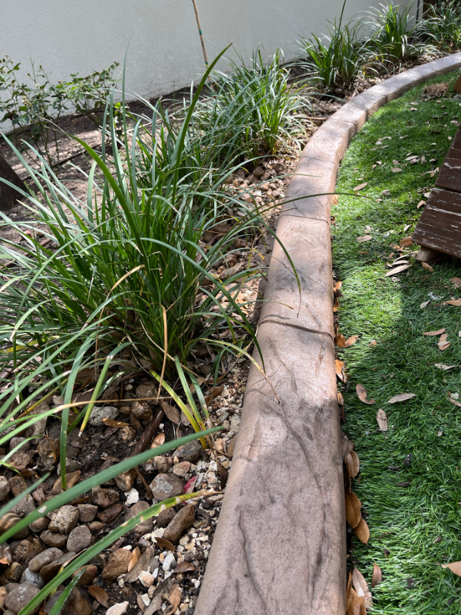 A concrete curb is surrounded by plants and rocks in a garden.