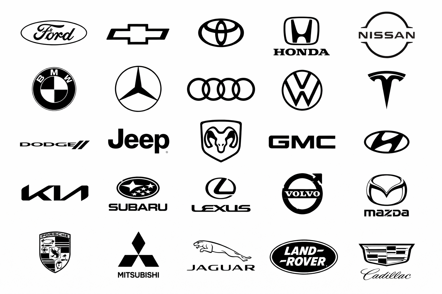 Grid of various car brand logos on a white background, including Ford, Toyota, Honda, Tesla, BMW, Mercedes, and others