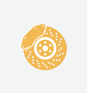 A flat, mustard-yellow icon of a car brake disc with a caliper on a light gray background.